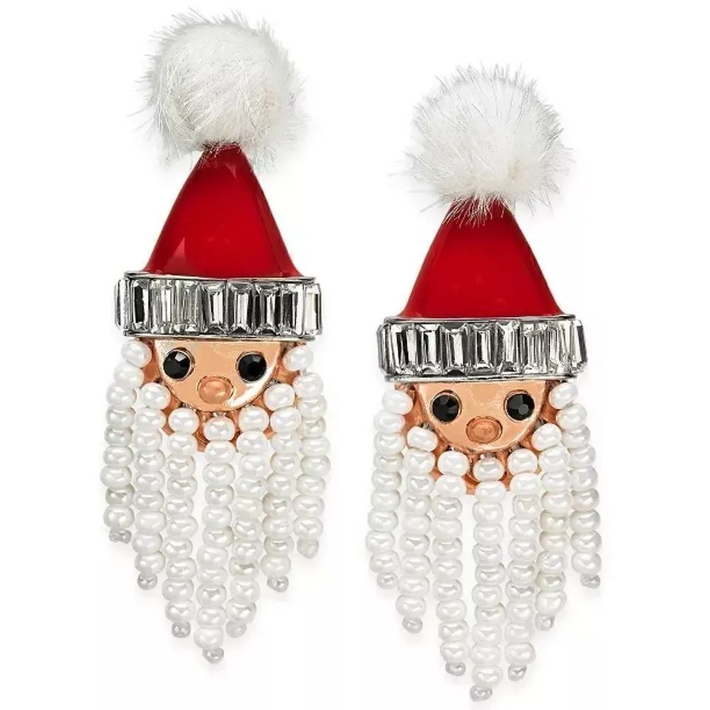 Holiday Lane Silver-Tone Crystal, Bead & Pom-Pom Bead Santa Drop Earrings NWT